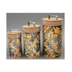 Metal Camouflage three Cannister Set Large 11" Medium 9" Small 7 1/2" tall 23025